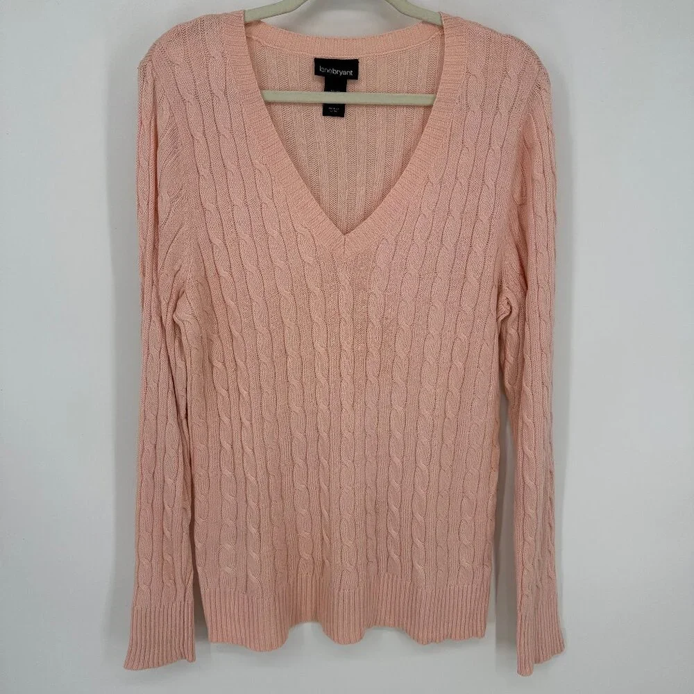 3/$25 Lane Bryant Cable‎ Knit Sweater 14 / 16 Pullover V Neck Light Pink Angora